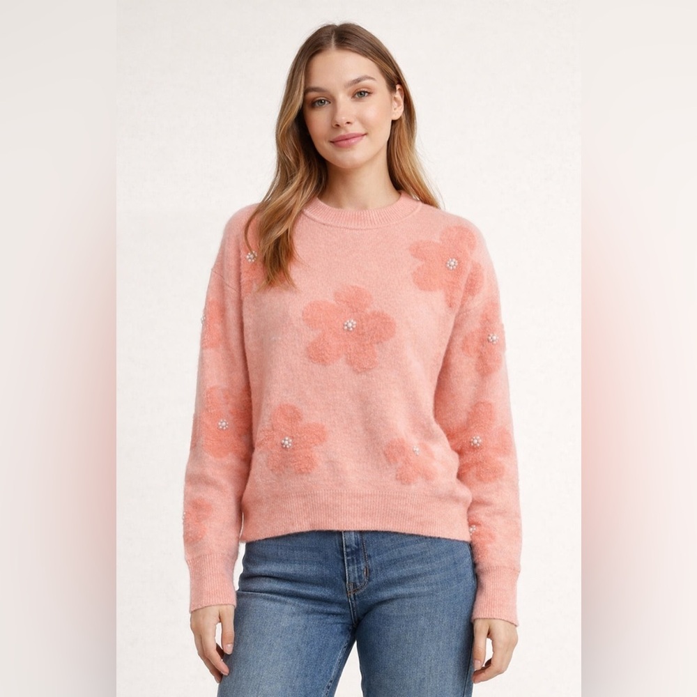 NWT Nanette Lepore Pink Coquette Floral Sweater Fuzzy Knit Soft Girl Y2K